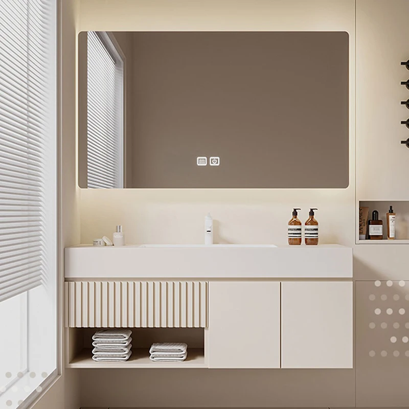 ！@Modern Wall-Mounted Plywood Bathroom Vanity Cabinet LED Mirror Durable Easy Clean Customizable Size Contemporary Wash Basin