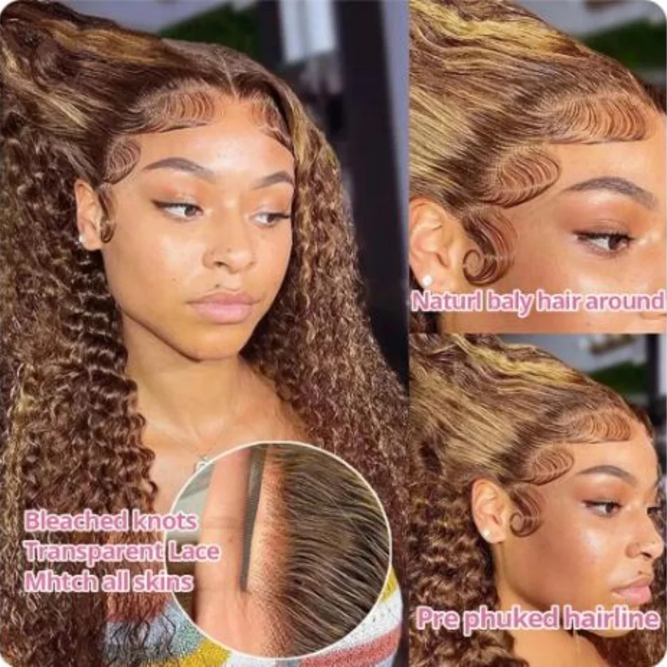13x4 frente do laço transparente perucas de cabelo humano encaracolado profundo para as mulheres onda profunda destaque colorido pré arrancado perucas de cabelo humano à venda