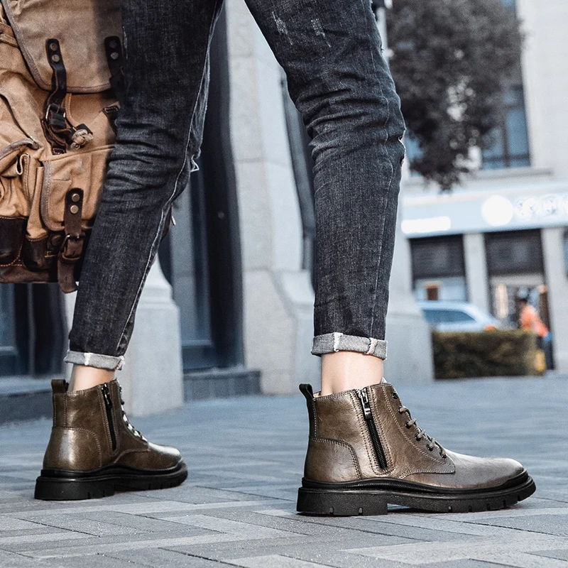 أحذية كاجوال شتوية للرجال، أحذية جلدية بنية، متعددة الوظائف مضادة للانزلاق، مقاومة للاهتراء، دافئة في الهواء الطلق، أحذية تشيلسي الرجعية #3