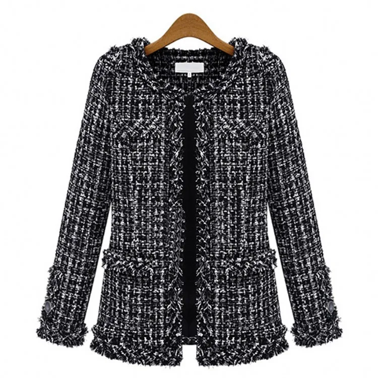 Women Elegant Long Sleeve Open Front Round Neck Fringed Plaid Tweed Jacket 2023 Korean Style Fashion Streetwear Mori Girl Coat