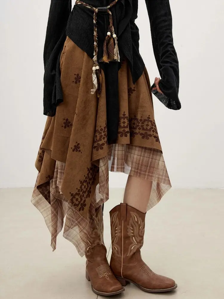 

Ethnic Style Embroidery Printed Skirt Stacked on Mesh Nomadic Skirt