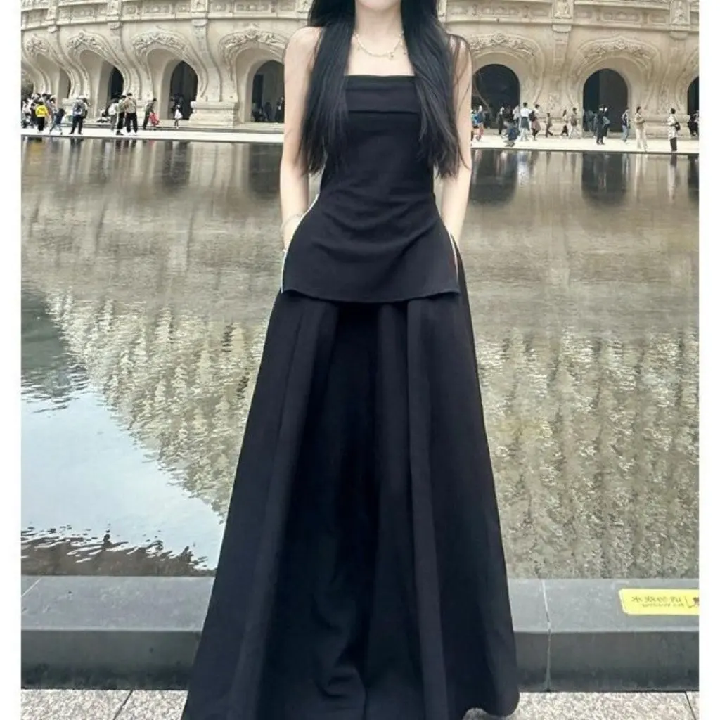 

Сплошной цвет с высокой талией, длинные брюки, костюм из двух предметов для женщин, летний комплект без бретелек с коротким жилетом на молнии, топ