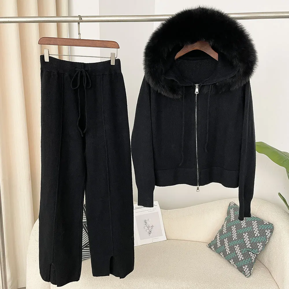 Knitwear Trousers Hooded Jacket 2024 Autumn and Winter Fashionable Sweater Suit Women Detachable Fox Fur Collar Fur Coat