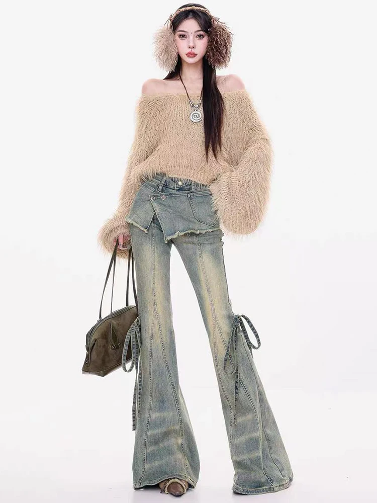 Vintage Wash Flare Jeans Y2k Japanische Streetwear Bow Lace Up Denim Hosen Hohe Taille Slim All Match Cowboy Hosen Neu