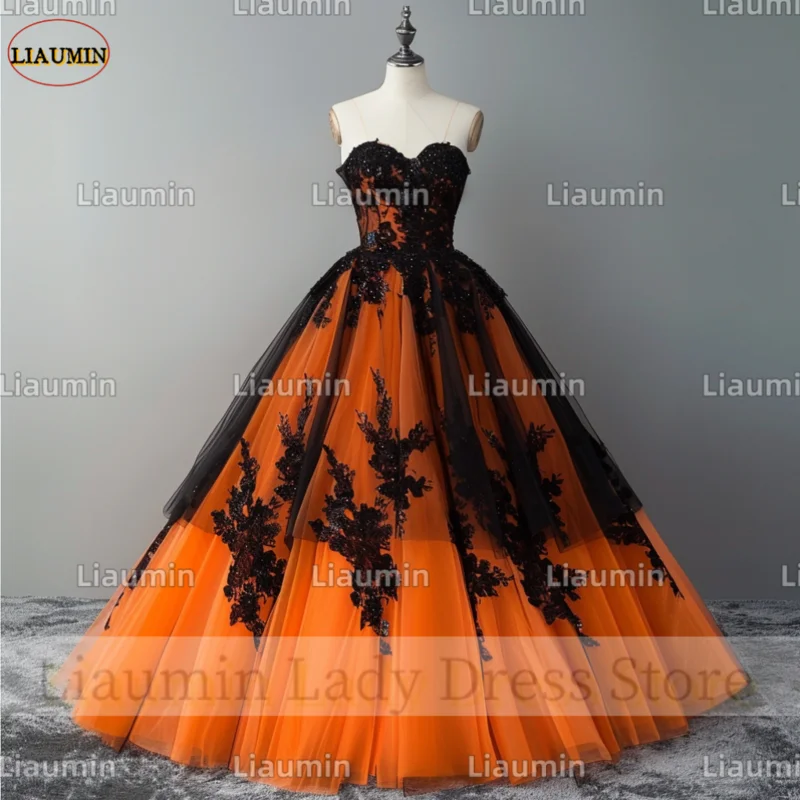 

Orange Tulle Black Lace Applique Strapless Floor Length Prom Formal Dresses Evening Clothing Lace Up Back Custom Made A4-10.3