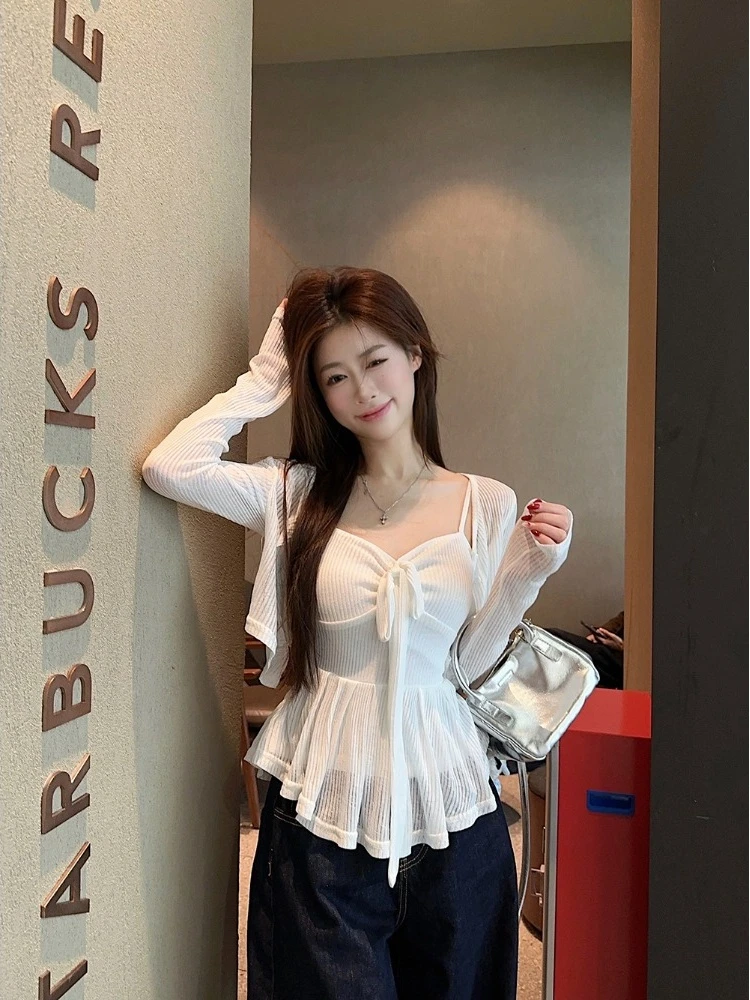 

Мягкий женский белый тонкий кардиган и жилет на бретелях с галстуком-бабочкой, осенний модный костюм-двойка из полиэстера Long Sve