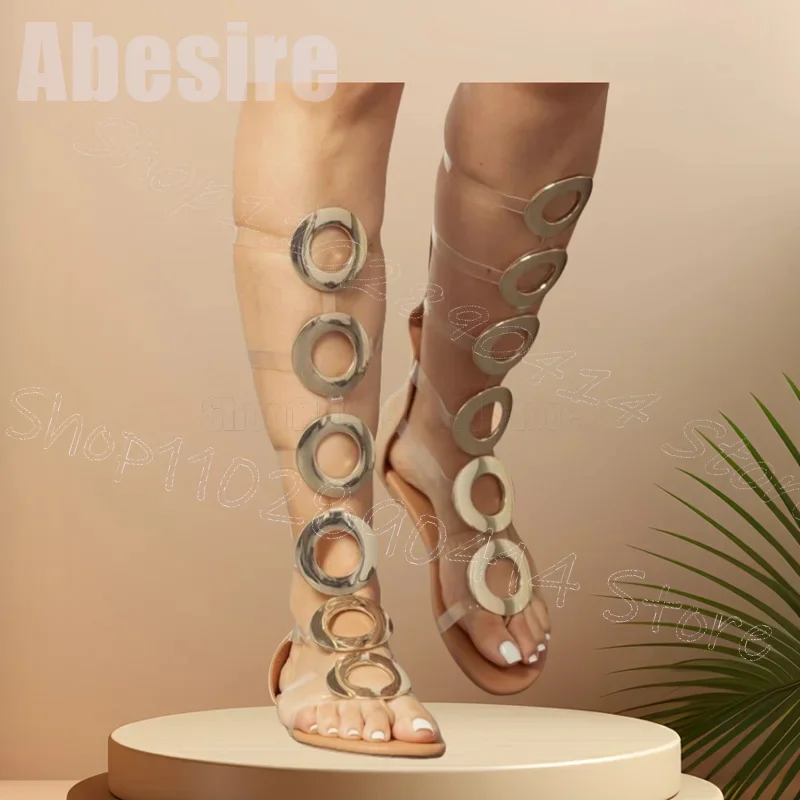 

Gold Circle Hollow Design Open Toe Sandals Boots Back Zipper Women Shoes Low Top Fashion Party Banquet 2026 Zapatos Para Mujere