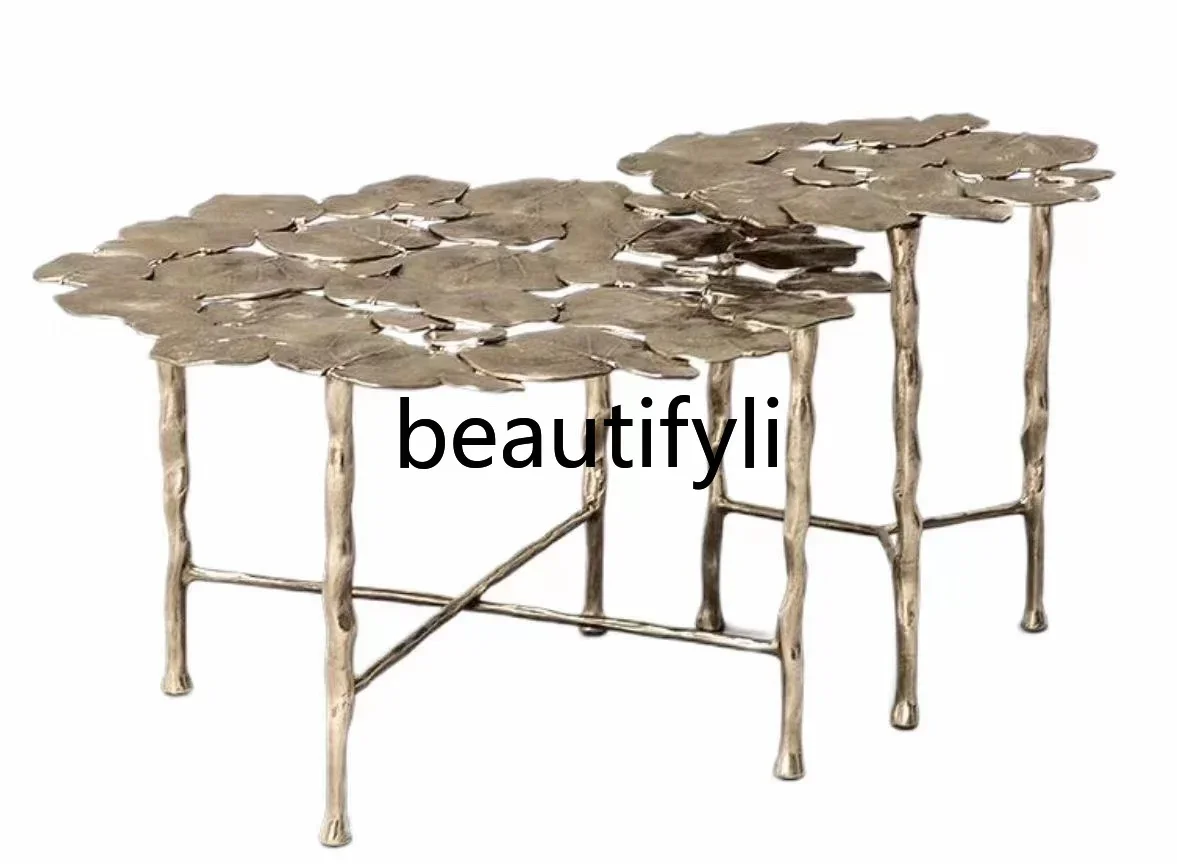 

Pure copper lotus leaf pattern coffee table modern light luxury living room combination set villa model room tea table