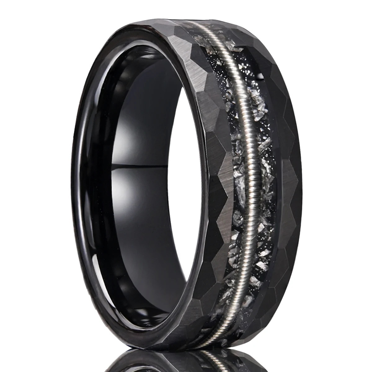 

8mm Black Hammered Tungsten Carbide Ring Inlaid Guitar String Men's Engagement Wedding Band Comfortable Fit Jewelry Gifts