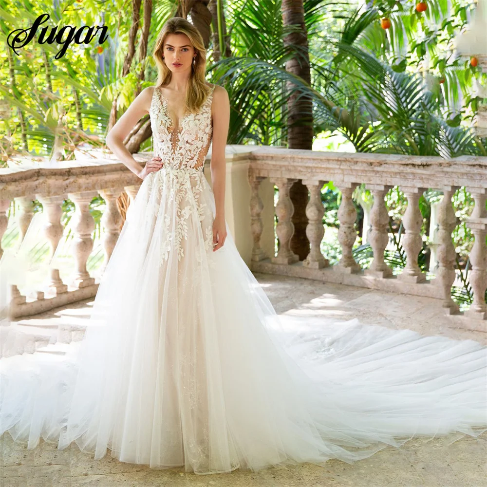 

Modern A-Line Wedding Dress Graceful O-Neck Illusion Bridal Gown Elegant Sleeveless Bride Robe Button Colorful Vestidos De Novia