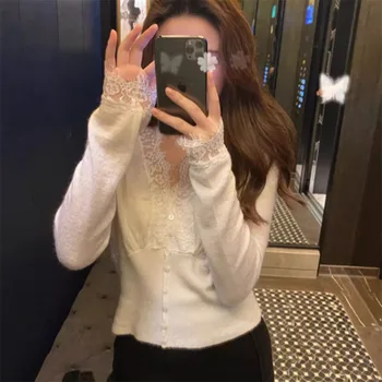 Elegant Lace Trim V Neck Knit Sweater Women Ruched Waist Button-Up Long Sleeve Jumpers Lady Soft Stretchy Fashion Short Pullover 4