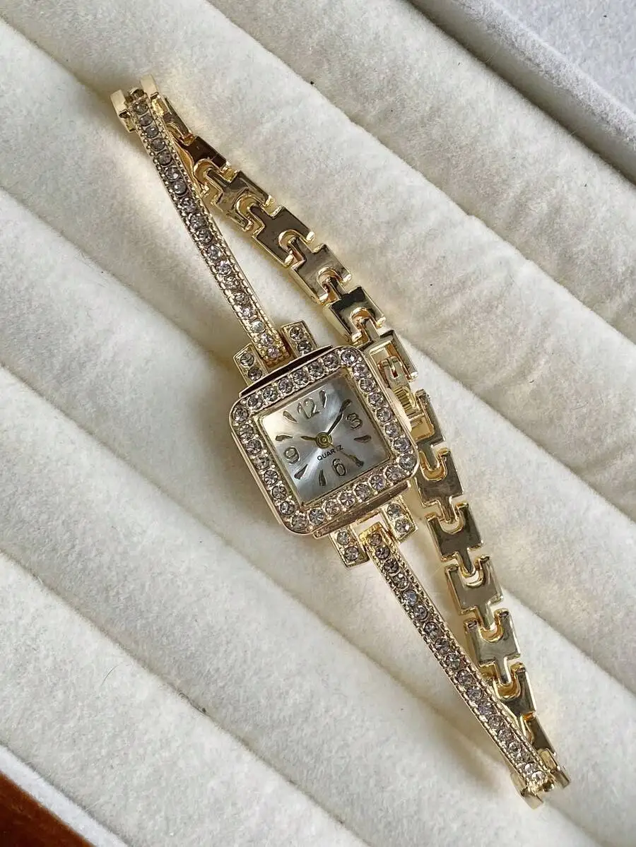 1pc Exquisite Women's Rhinestone Fine Watch Strap Square Gold Casual Versatile Quartz Wristwatch, Suitable For Everyday Wear