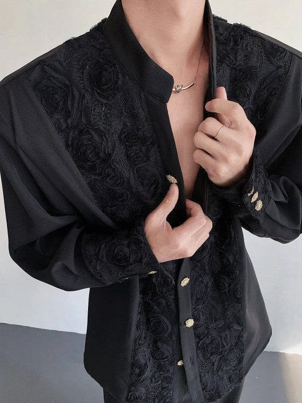 

Spring Faionable Men's Long Sve irt Lace Embroidered Loose Fit Stand Collar V Ne Luxury Sle Casual Wear Rose Pattern