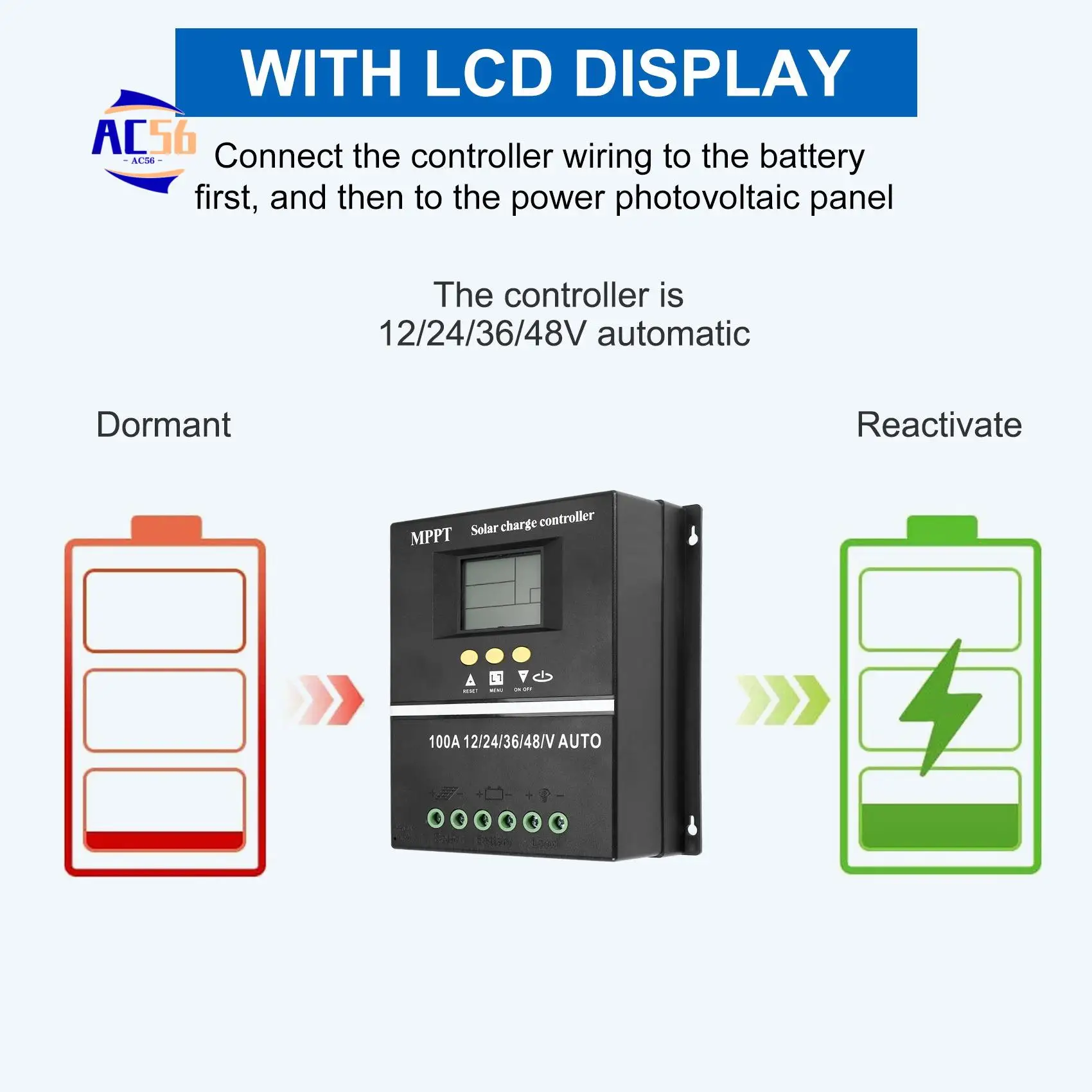 

AC56-PWM 12V 24V 36V 48V AUTO Solar Panel Charge Controller Solar PV Battery Charger With LCD MPPT Solar Controller
