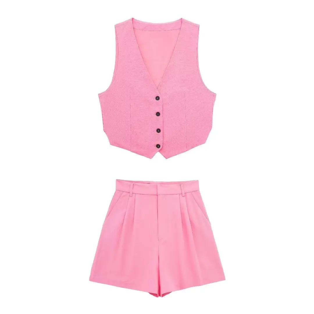 TRAFZA Women Fashion 2 Piece Set V-Neck Sleeveless Single Breasted Vest Top+Elegant High Waist Back Pocket Zipper Mini Shorts