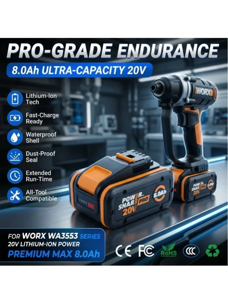 Für Worx Original 20V 8,0Ah Hochleistungs-Lithium-Akku, WA3553 WA3551 WA3553.1 WA3570, geeignet für Worx Elektroschrauber und Schlagbohrmaschinen.