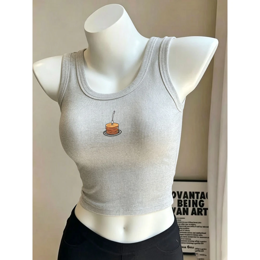 Stacked Pancakes with Fork Breakfast Food Graphic Y2K Camisole Ribbed Tank Tops Slim Fit Crop Top Sleeveless Crew Neck Cropped