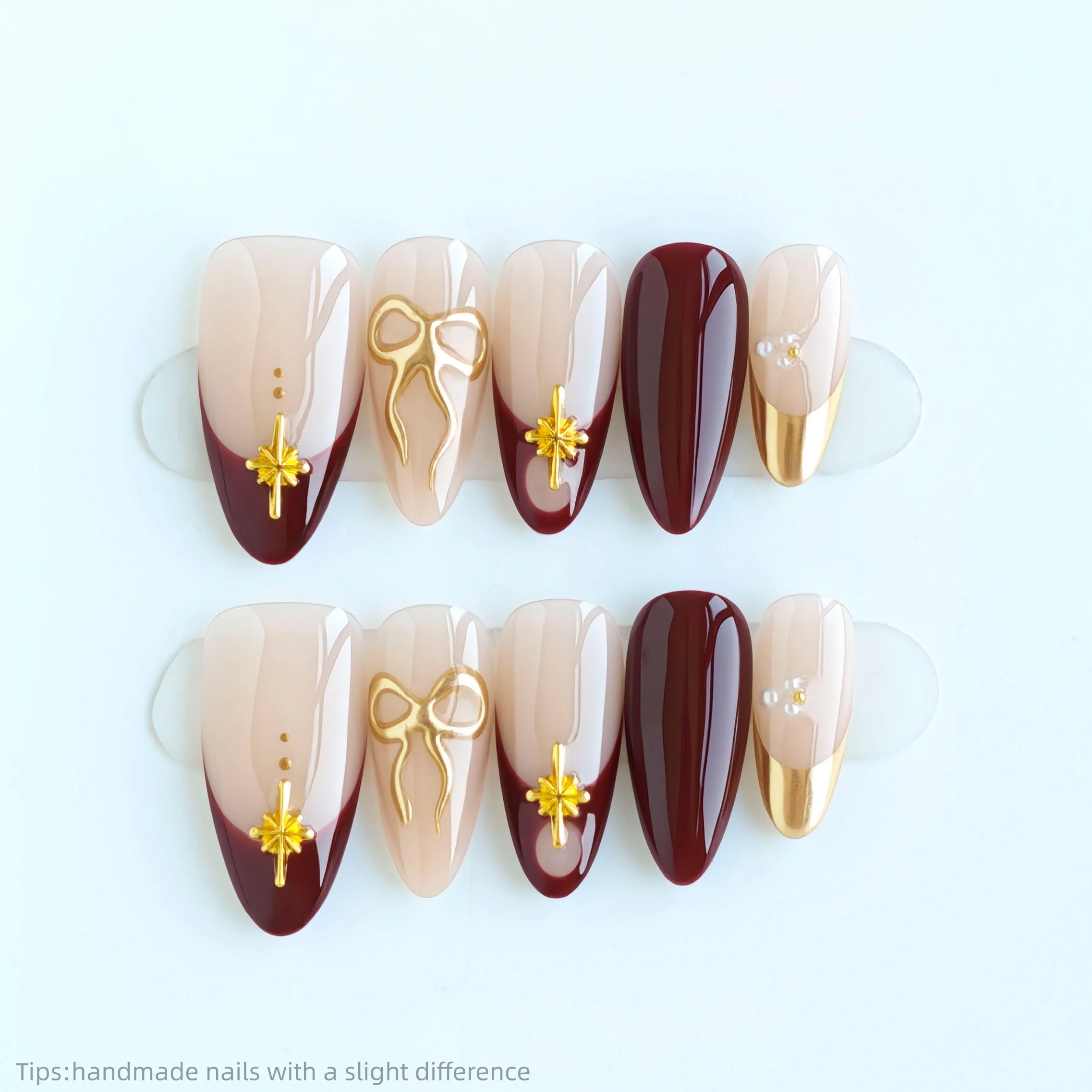 10 Stück handgemachte Press on Nails French Gold Gel Bow Star Decor Koreanische Falsche Nägel Wearable Full Cover Ins braun Mandel Falscher Nagel