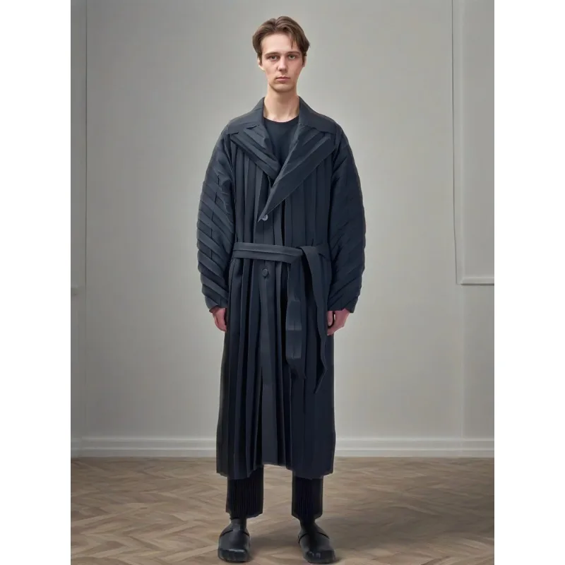 Miyake Pleated Long Trench Coat 2025 Fall New Loose Drape Casual Loose Trench Coat Medium-length Coat Jacket Men Clothing