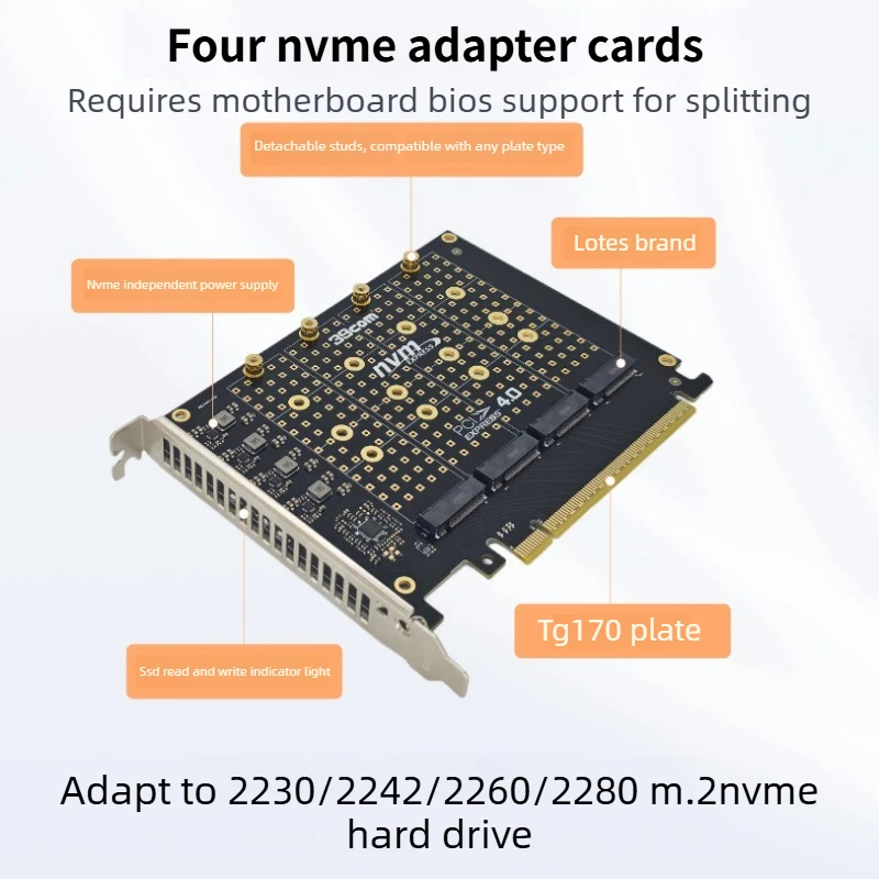 PCIe4.0x16 to 4 disks NVMe adapter card Solid state SSD hard disk M2 adapter card 2280 free drive