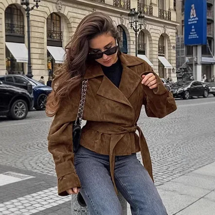 

Lace Up Autumn Women Suede Jacket Vintage Brown Lapel Collar Long Sleeve Lady Short Coat Highstreet Leisure Outweaar For Female