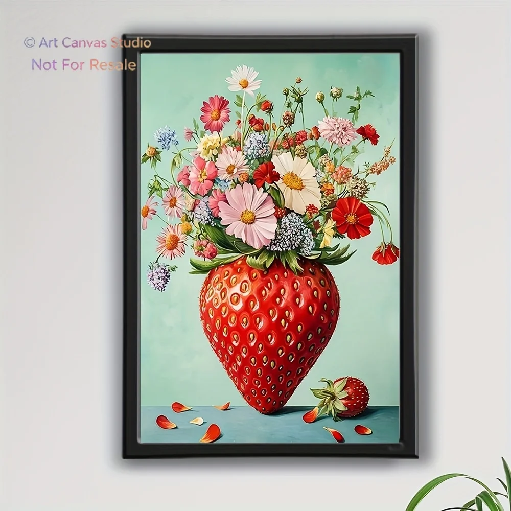 1pc Framed Floral Canvas Art - Vibrant Strawberry & Flower Bouquet Wall Decor for Home, Office, or Cafe - Perfect Gift for Mo