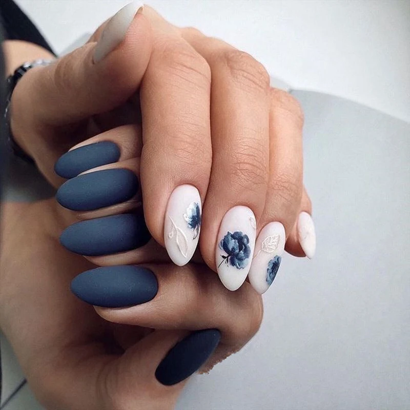 3d Nail Art Stickers Retro Color White Royalblue Blossom Flowers Buds Leaves Decals For Nails Decoration Manicure Salon Beauty