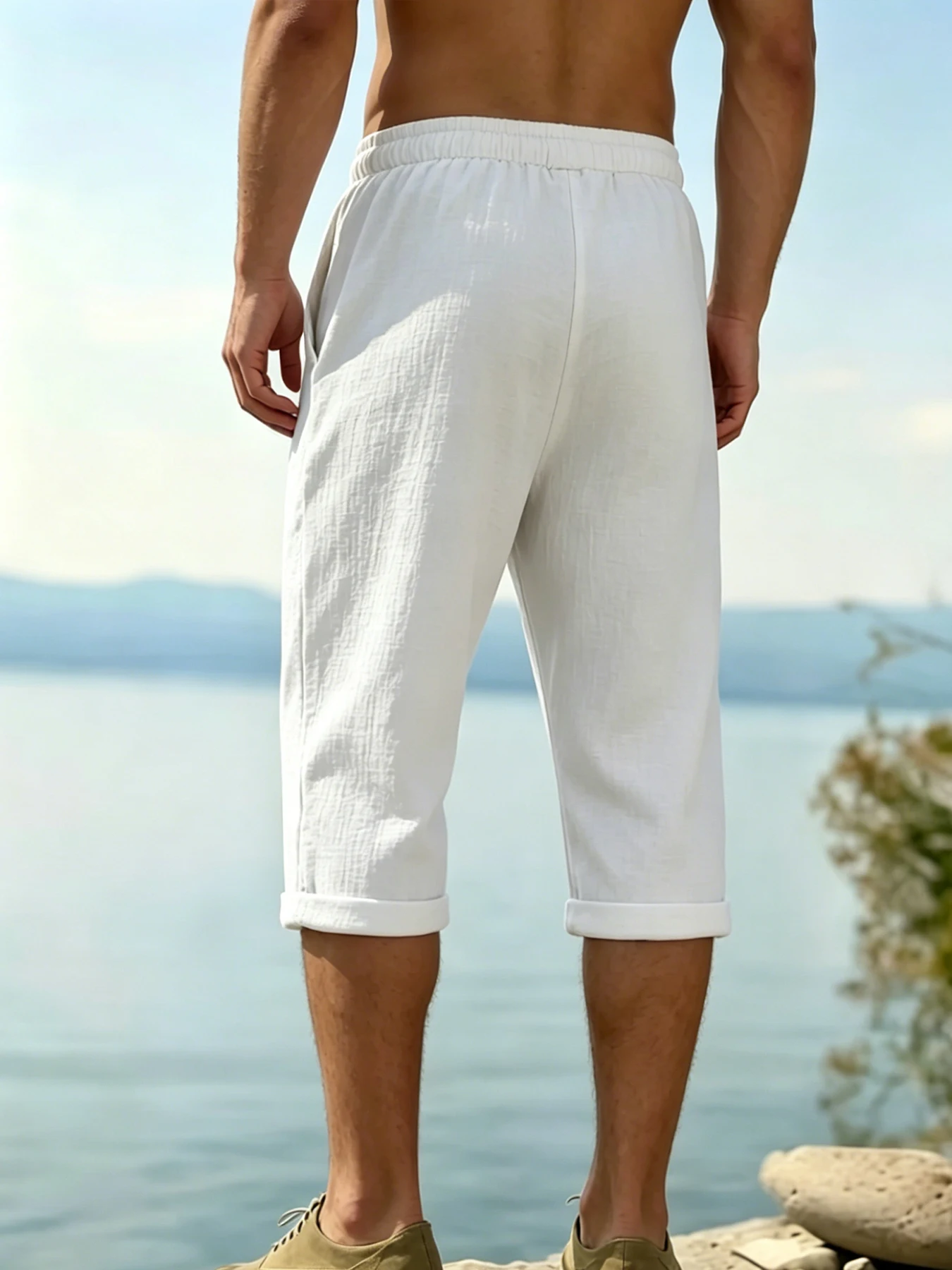 Bestseller Herren Capri-Hose mit Geradem Bein und Abgerolltem Saum, Minimalistischer Alltagsstil, Atmungsaktiv und Knitterfrei – Detail 2