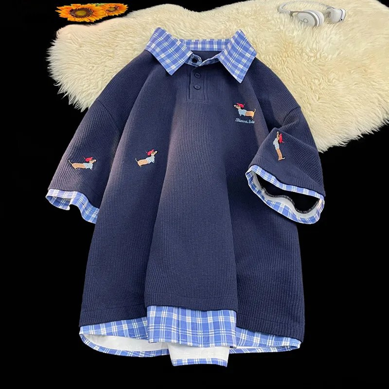 Korean Dog Embroidery Plaid Polo Short Sleeve T-Shirt 2025 Summer Retro Couple T-shirts Splicing Fake Two Pieces Simple Tops image 2