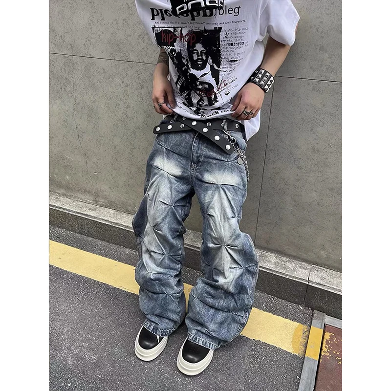 ZHIZOU جينز نسائي أزرق قوطي فضفاض Y2K Harajuku شارع العليا الجمالية 2000S نمط عتيق الهيب هوب السراويل الجينز الملابس