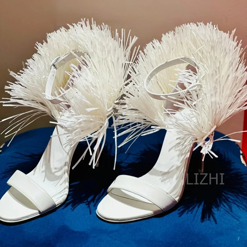 White Tassel Feather Long Straps Heels Girls Cute Open Buckle Sandal Summer Black Tassel-Tie Ankle Strap Slingback Red Sexy Shoe