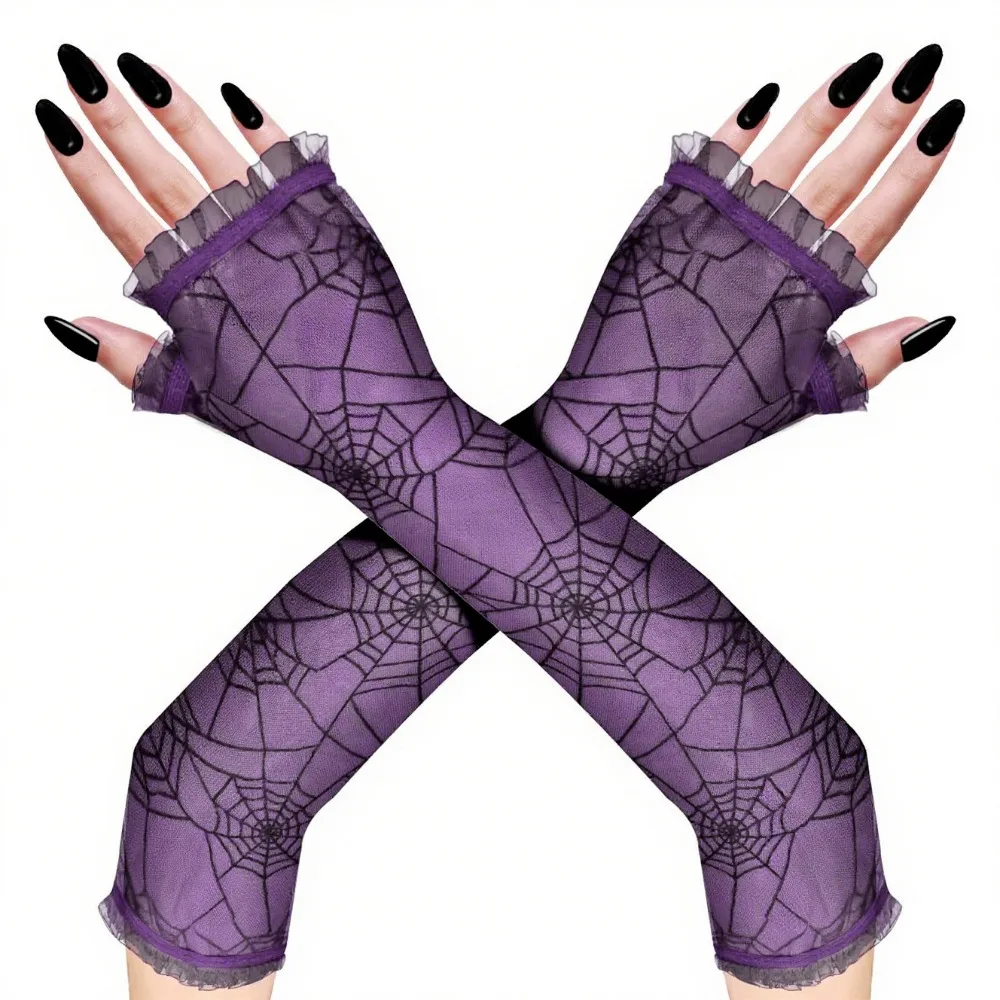 

Fashion Thin Halloween Gloves Lolita Gothic Spider Web Gloves Half-Finger Long Mesh Mitten Driving