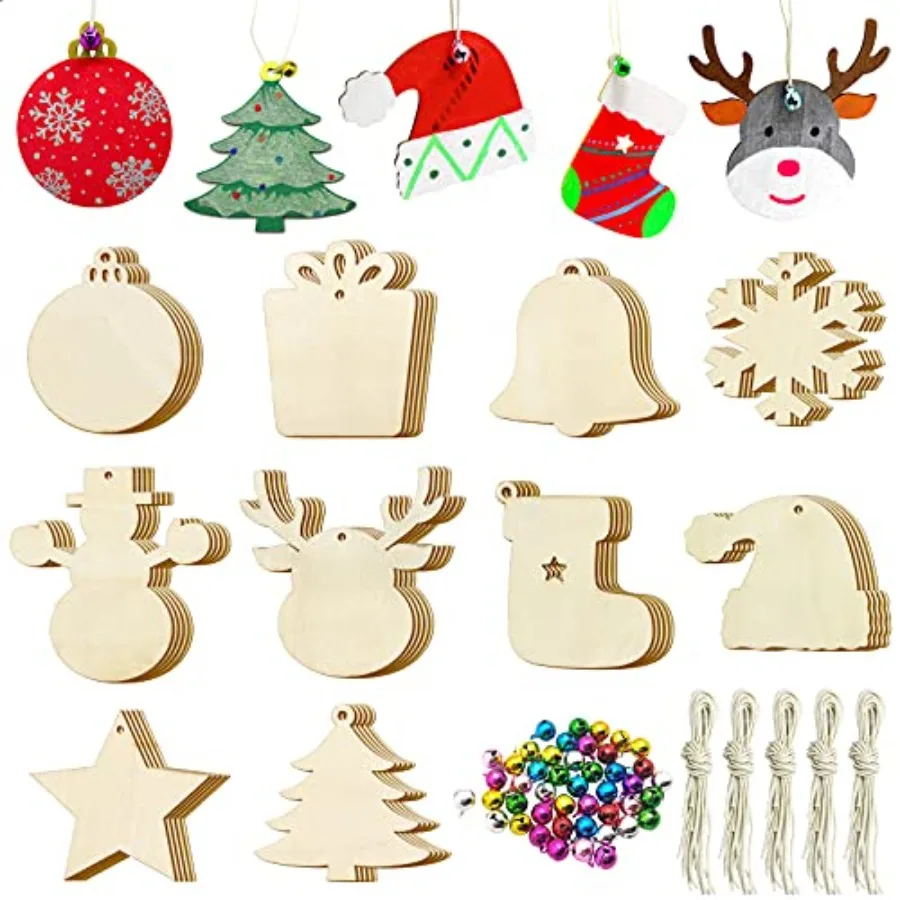 

50 PCS Unfinished Wooden Christmas Ornaments DIY Christmas Wooden Slices with 50 Jingle Bells for Crafts Christmas Hanging Deco