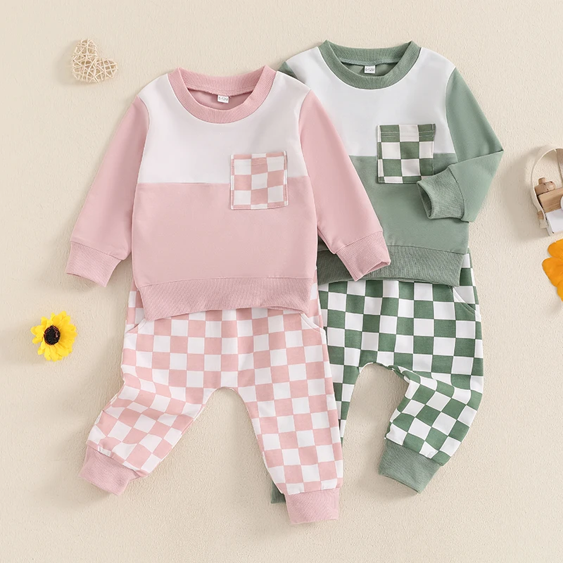 

2024-07-09 Lioraitiin Baby 2Pcs Outfit Plaid Print Long Sleeve Sweatshirt and Elastic Pants Set for Newborn Infant Fall Clothes