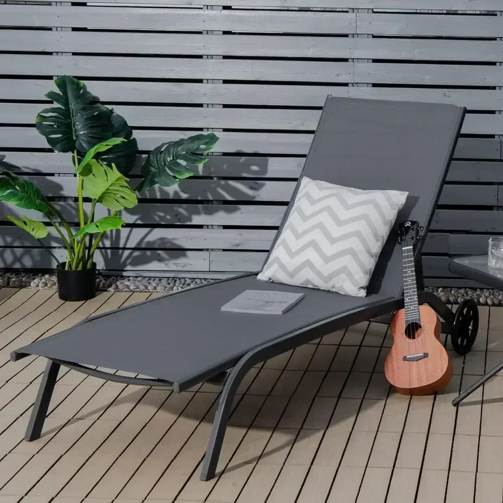 6-Position Adjustable Patio Lounge Chairs with Smooth Wheels and Quick-Drying Fabric for Poolside or Garden Relaxation (Set of 2