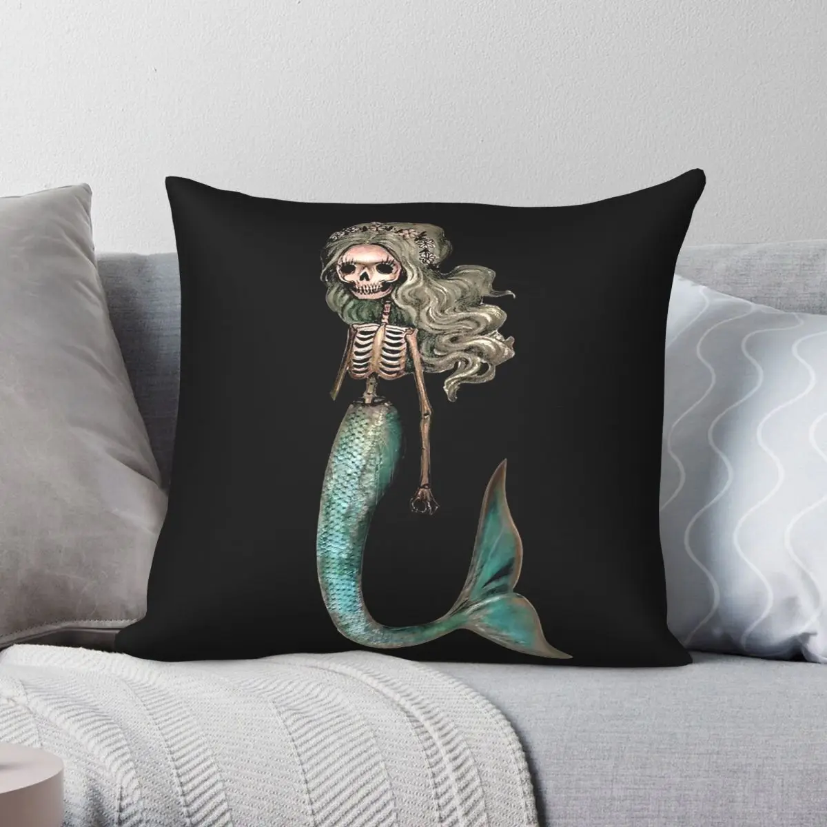 Skeleton Mermaid Square Pillowcase Polyester Linen Velvet Pattern Zip Decor Car