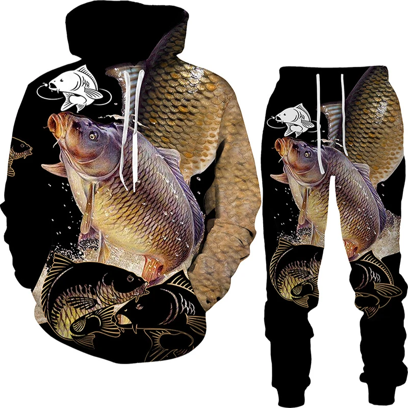 Sudadera con capucha y pantalones de chándal para hombre, chándal informal con estampado artístico de pesca en 3D, ropa de calle de Hip-Hop, novedad