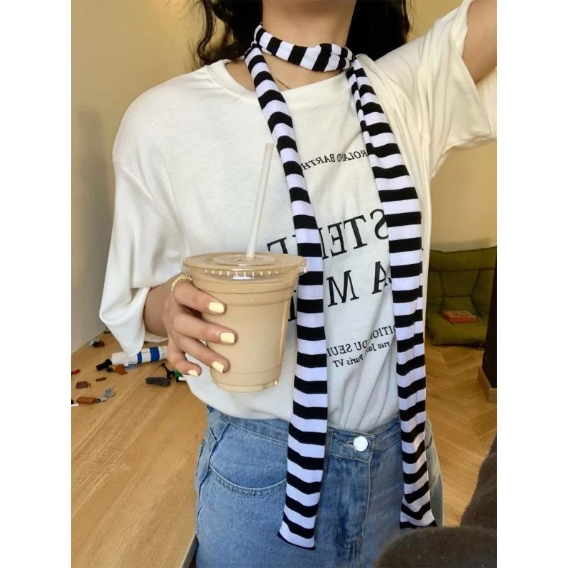 5ASD 여성 스프링 스트라이프 패턴 스카프 얇은 목도리 y2k 스타일 화려한 얇은 스카프