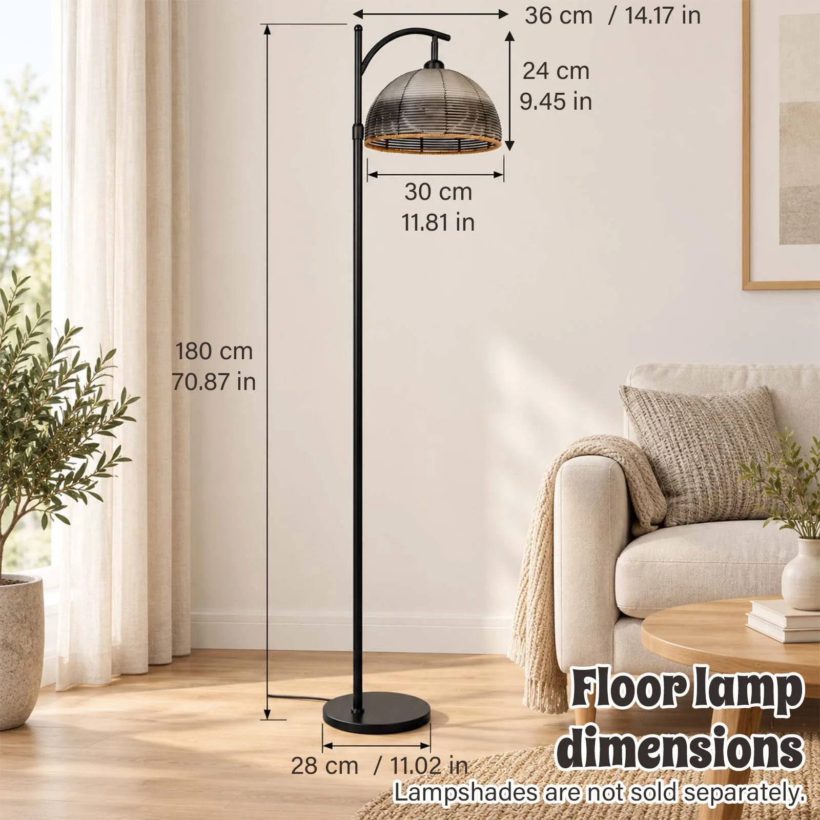 Floor Lamp, Black Half Dome Metal Mesh Shade, Arc Pole, Rattan Trim, Industrial Living Room
