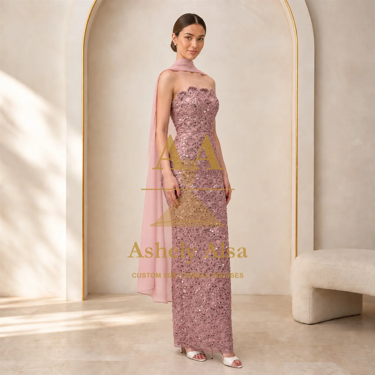 Dusty Rose Evening Dress Strapless Allover Beaded Lace Fitted Gown With Long Scarf Floor Length Formal Party Custom Size