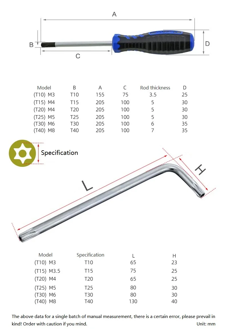 T10 T15 T20 T25 T30 T40 Torx Screwdriver With Hole Screw Driver With Handle/L Type Home Repair Hand Tools