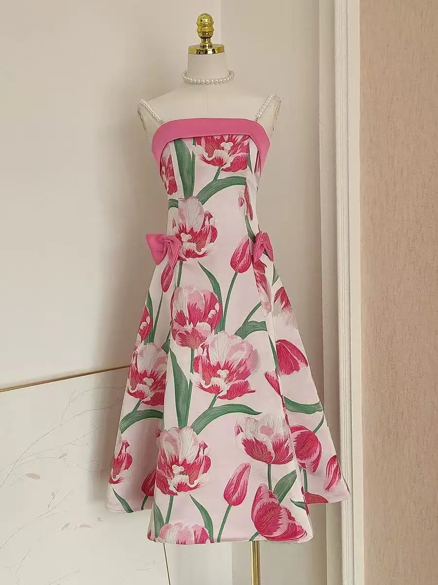 

French Hit Color Floral Print A Line Dresses For Women Square Collar Sleeveless Spliced Bowknot Tunic Evening Dress Female