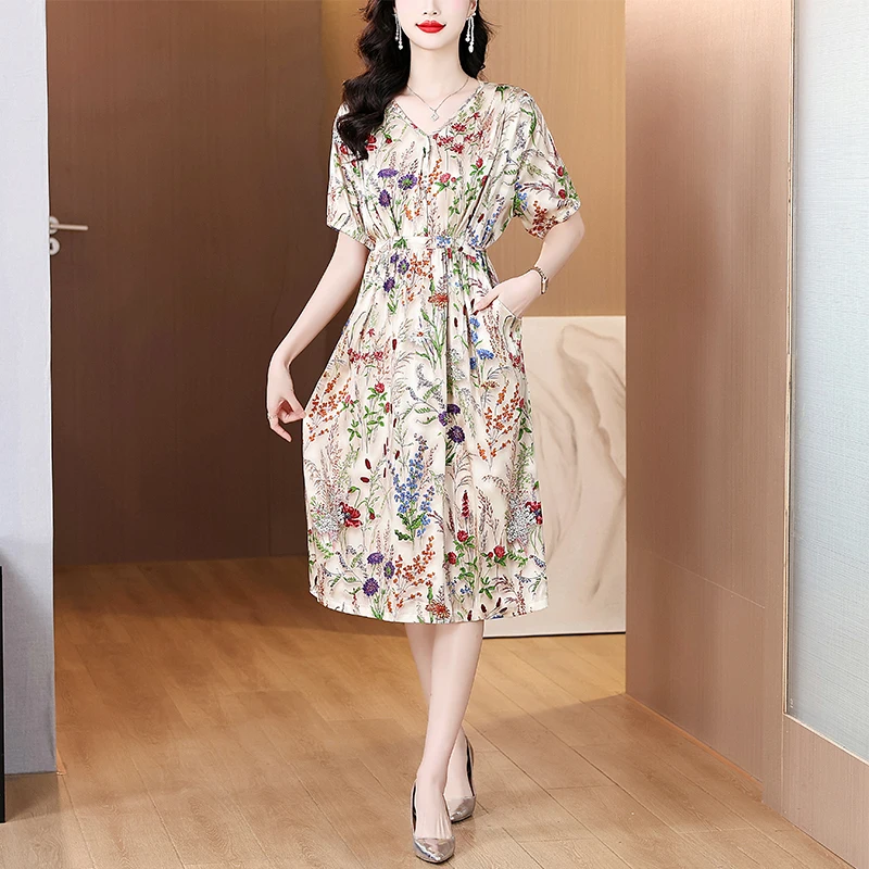 Verano Mujer satén Boho Vintage vestido ceñido al cuerpo de lujo 2025 Oficina señora Floral seda Midi vestido elegante Casual Vestidos de fiesta nocturna