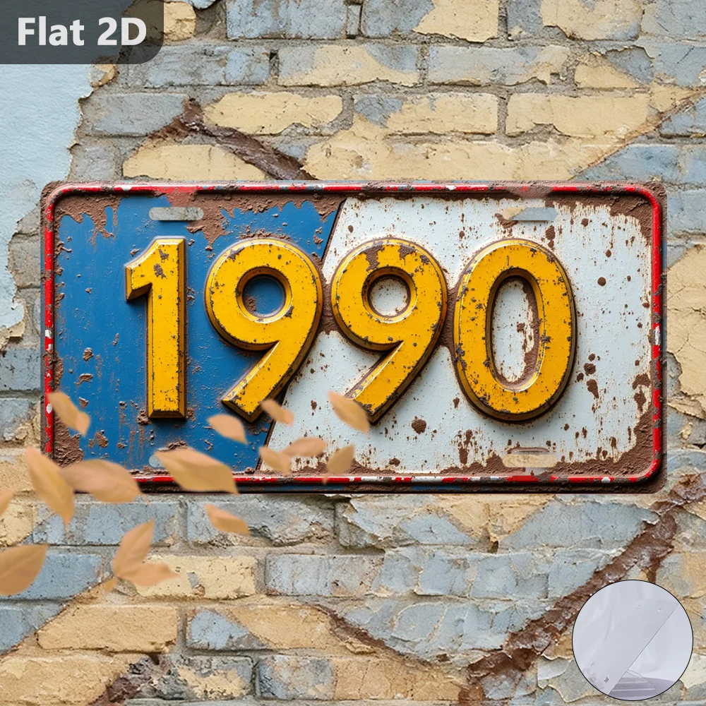 2D Flat, 1pc, Only for Decoration Decoration, Outdoor Signs & Wall Decor (30.48cm X 14.99cm), Number Plate with Year 1990, Retro