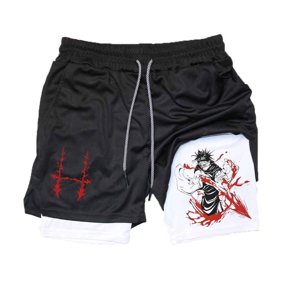 Anime Gym Shorts Berserk Guts and Toji Printed Men GYM 2 In 1 Bilayer Sports Shorts Workout Running Performance Short Pants