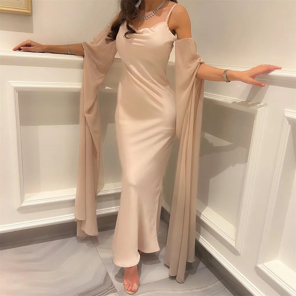

Spaghetti Strap Evening Dresses Simple Straight Long Prom Gown Off the Shoulder Full Sleeves Party Dress فساتين للحفلات الراقصة