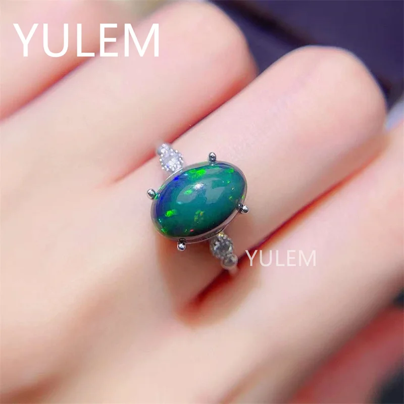 YULEM Natural black Opal Ring Women's Party Engagement Gift Genuine Gemstones 925 Sterling Silver 9x11mm