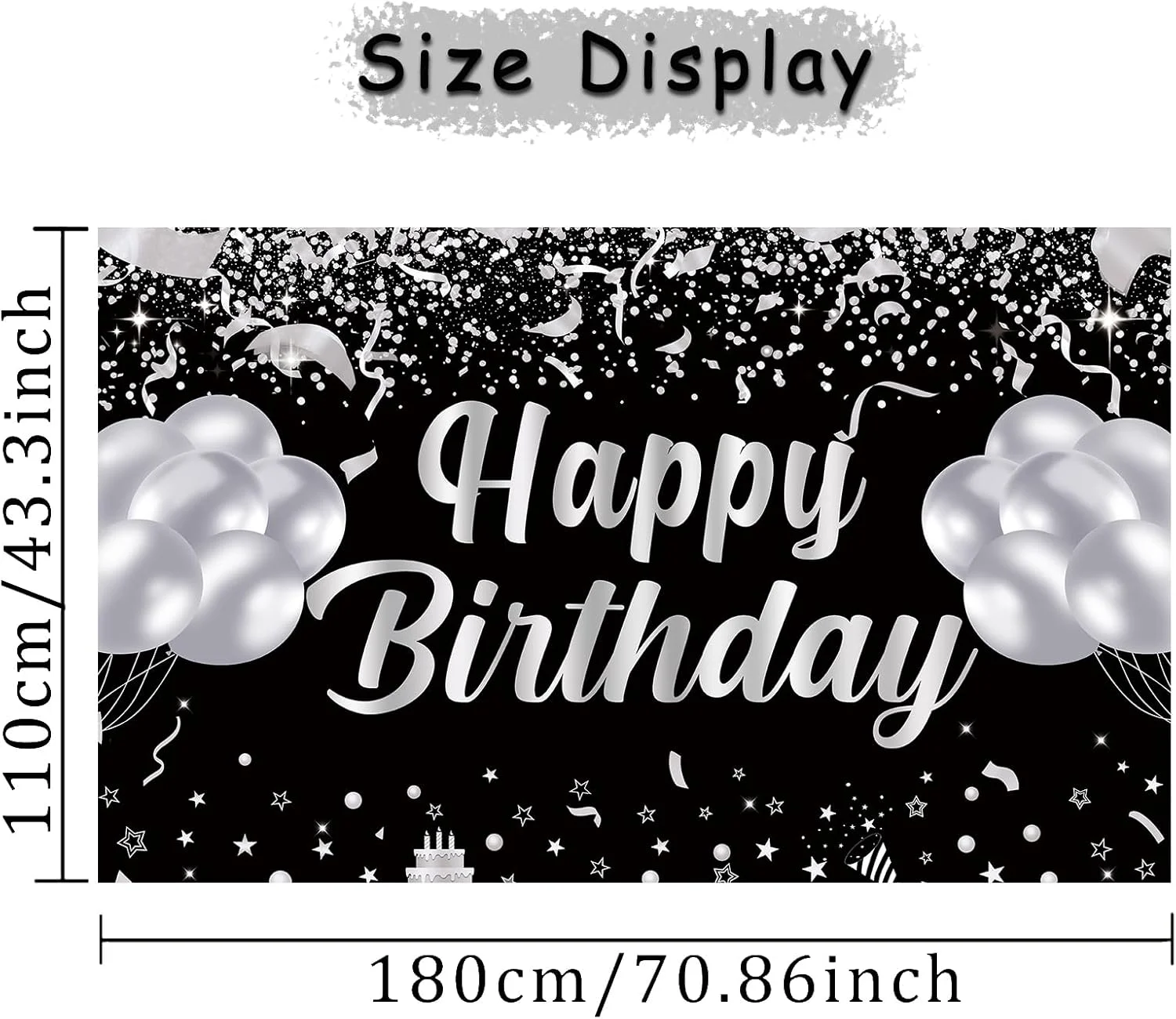 Happy Birthday banner background, black and silver birthday party decorations, birthday party supplies men and women