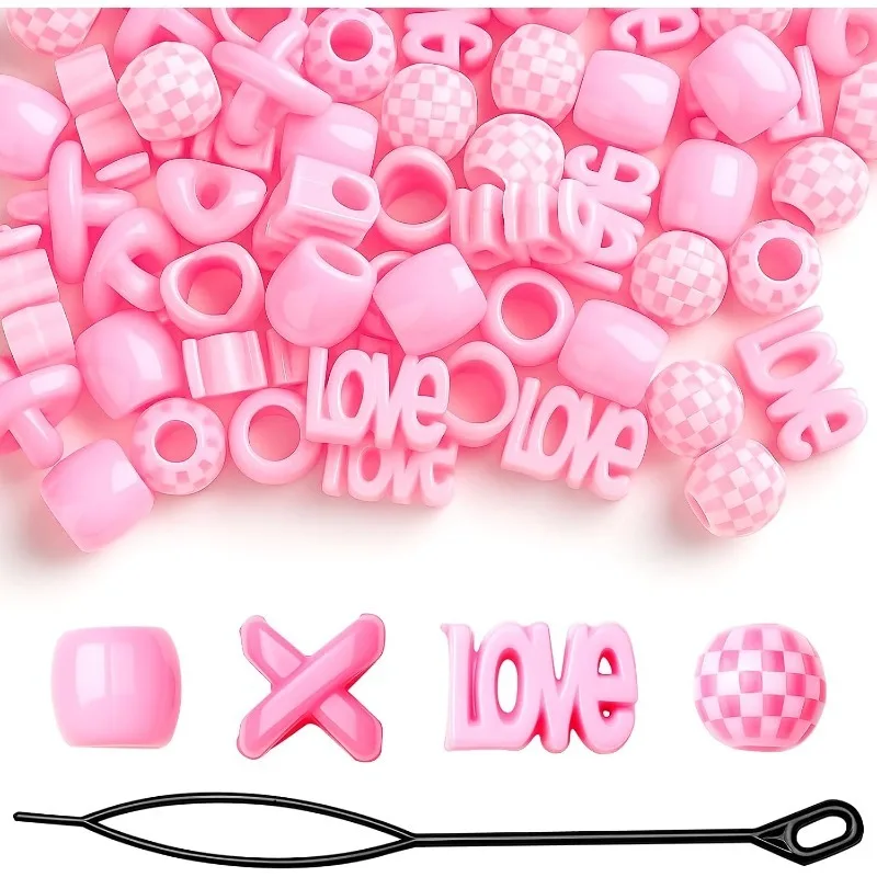 61PCS Pink Hair Beads Set, Square Round Love Letter X Shape Pony Beads for Braids with Hook Tool, Kids Box Braids Accessories