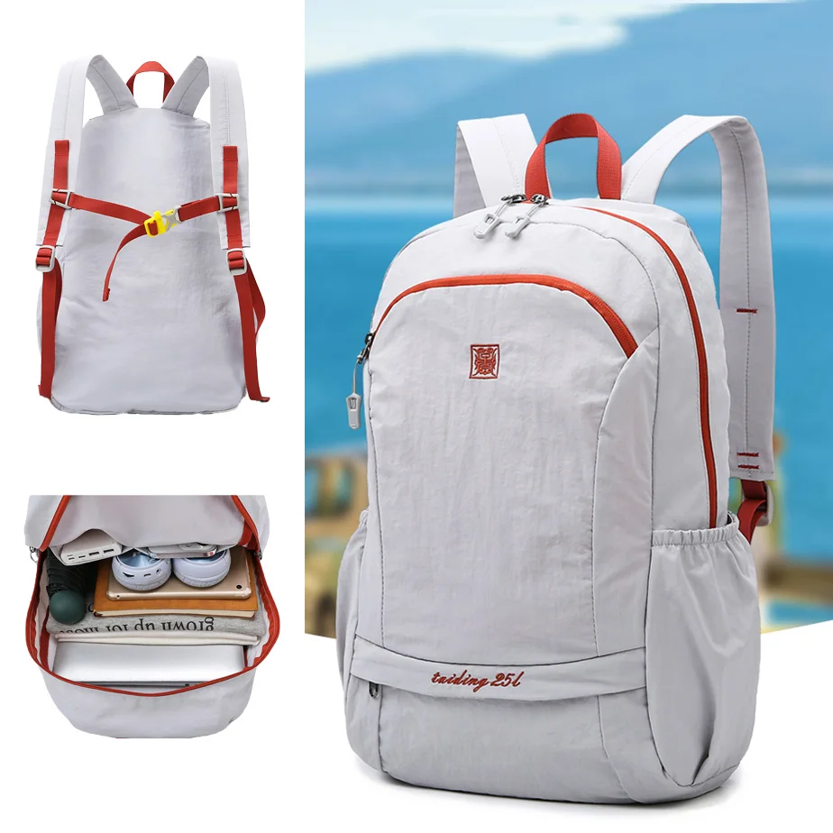 حقيبة ظهر متعددة الوظائف قابلة للطي للاستخدام الخارجي للجنسين، سعة كبيرة، خفيفة الوزن، نمط محايد، حقيبة ركاب، نايلون مقاوم للماء